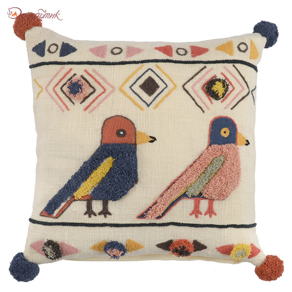 Чехол на подушку в этническом стиле с помпонами и вышивкой Птицы из коллекции Ethnic, 45х45 см - фото 1