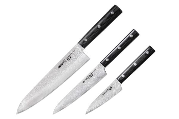 Набор ножей 3 в 1 "Samura 67" 98 мм, 150 мм, 208 мм, дамаск 67 слоев, микарта