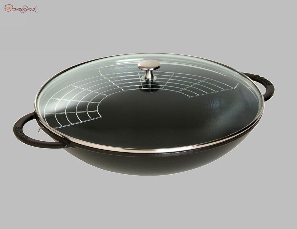 Сковорода-вок со стеклянной крышкой 37 см черная - фото 1