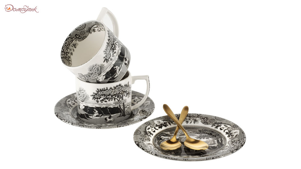 Набор чашек чайных с блюдцами и чайными ложками Spode "Черная Италия" 280мл, 2шт - фото 1