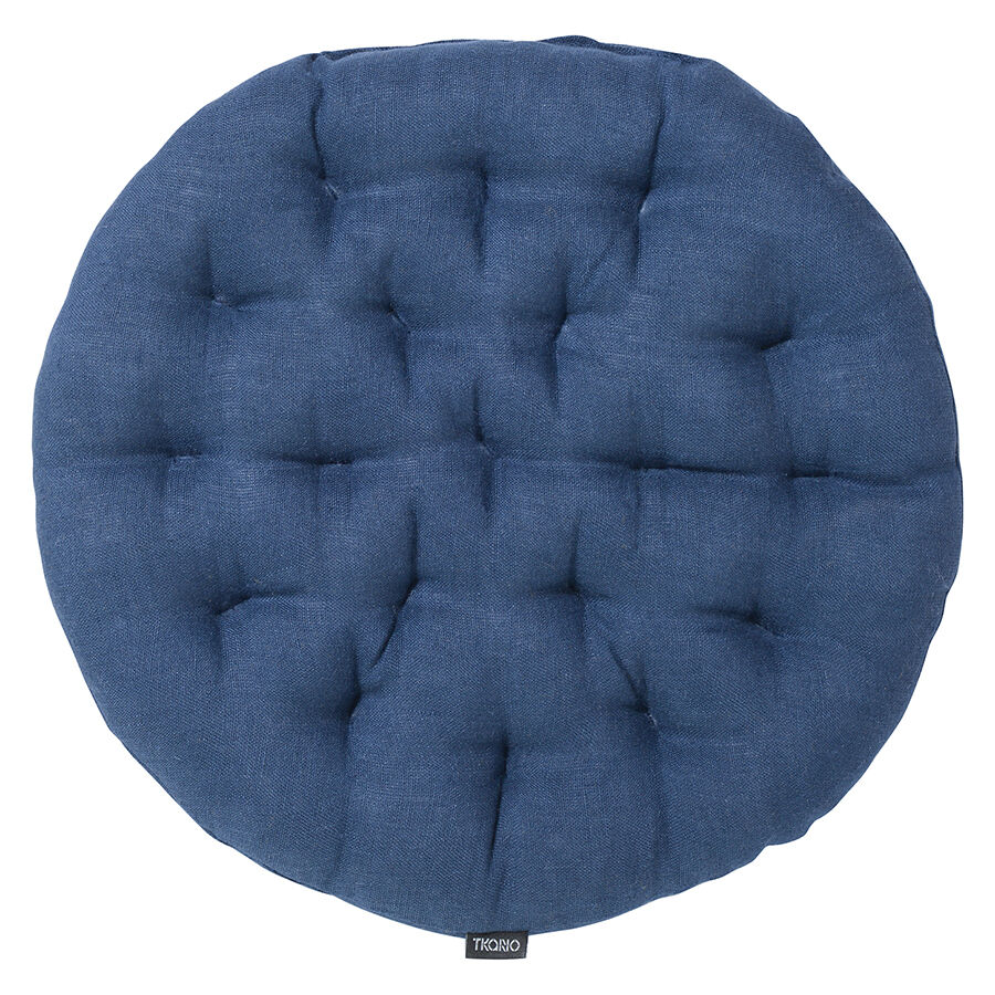 Подушка на стул круглая из стираного льна синего цвета из коллекции Essential, 40х40x4 см - фото 1