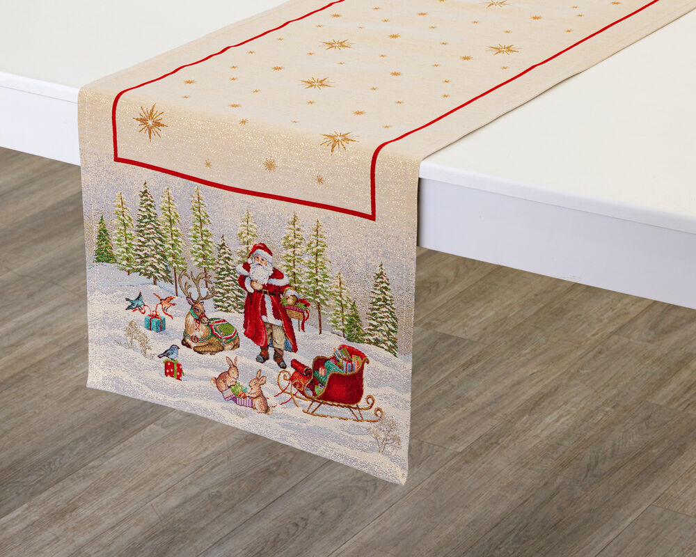 Дорожка для стола Mix&Match Home Дед Мороз в волшебном лесу 44х140 см, гобелен, бежевый - фото 1