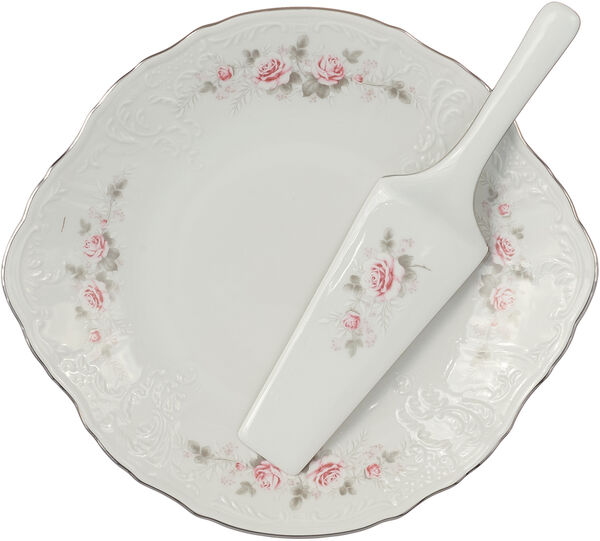 Тарелка для торта с лопаткой 27 см "Bernadotte Бледные розы Платина" Thun