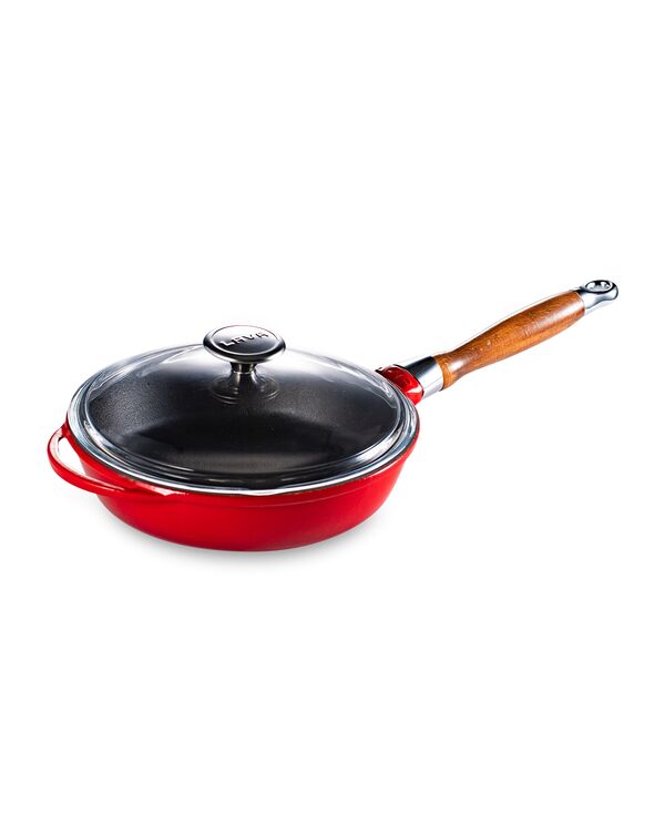 Сковорода с крышкой 24 см, 2 л, с деревянной ручкой, чугун, красная, Lava