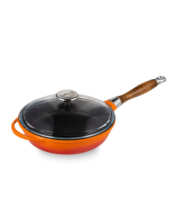 Сковорода с крышкой 28 см, 2,8 л, с деревянной ручкой, чугун, оранжевая, Lava