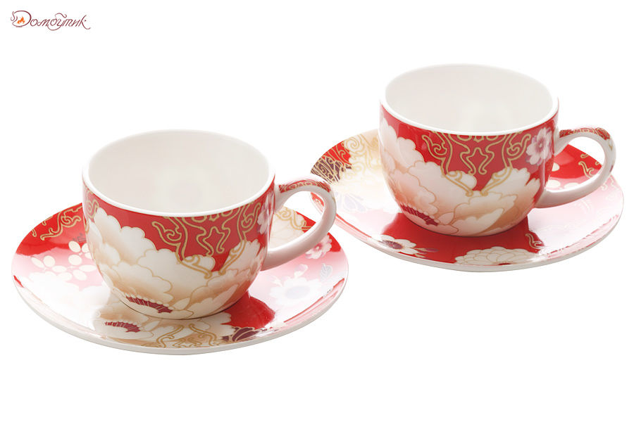 Набор: 2 кофейные чашки с блюдцами Кимоно (красный)  в подарочной упаковке, 100мл - фото 1