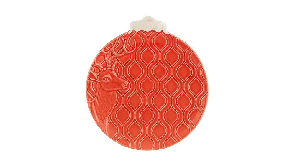 Тарелка закусочная "Новогодние шары. Северный олень" 24,5см, красная, Bordallo Pinheiro - фото 1