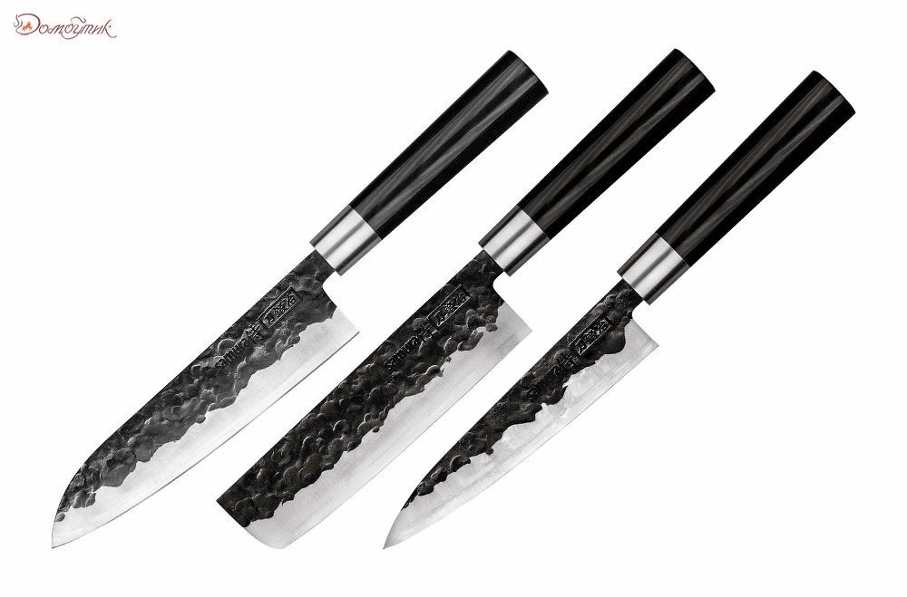Набор: 3 кухонных ножа "Samura BLACKSMITH" (23, 43, 95), гвоздичное масло, салфетка - фото 1