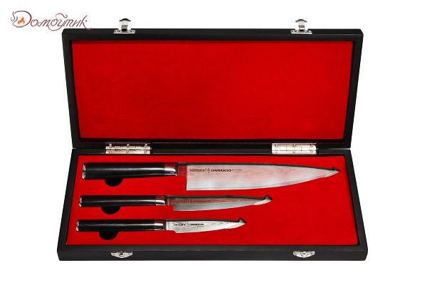Набор из 3 ножей "Samura DAMASCUS" в подарочной коробке (10, 21, 85), дамаск 67 слоев