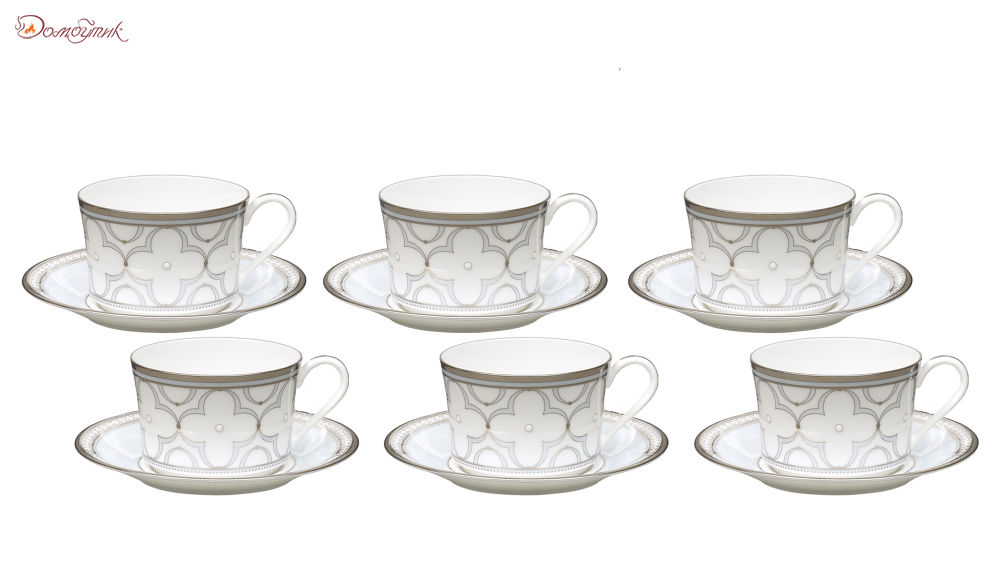 Набор из 6 чашек чайных 250 мл с блюдцами "Трефолио,платиновый кант", Noritake - фото 1