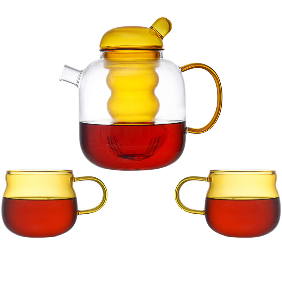 Чайник стеклянный с двумя чашками, 1,2 л, желтый - фото 5