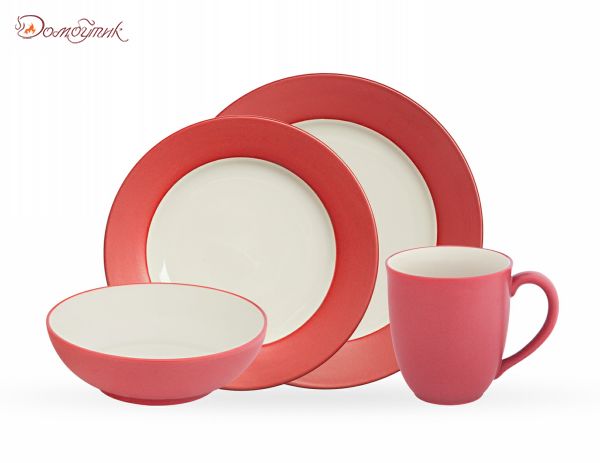 Столовый набор посуды на одного "Цветная волна", 4 предмета (малиновый, широкий борт) - фото 1