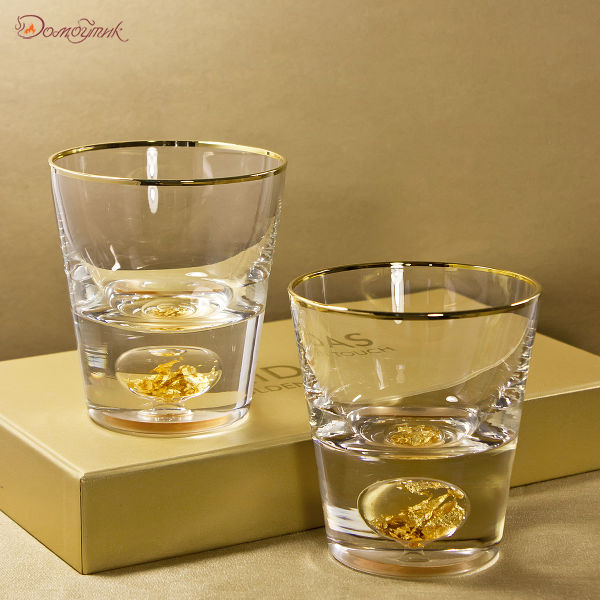 Набор из 2-х бокалов с сусальным золотом для виски + камни стеатит для охлаждения