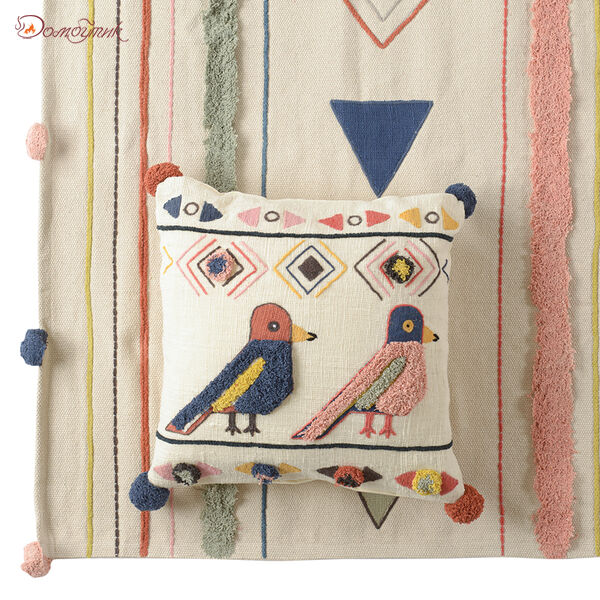 Чехол на подушку в этническом стиле с помпонами и вышивкой Птицы из коллекции Ethnic, 45х45 см - фото 2