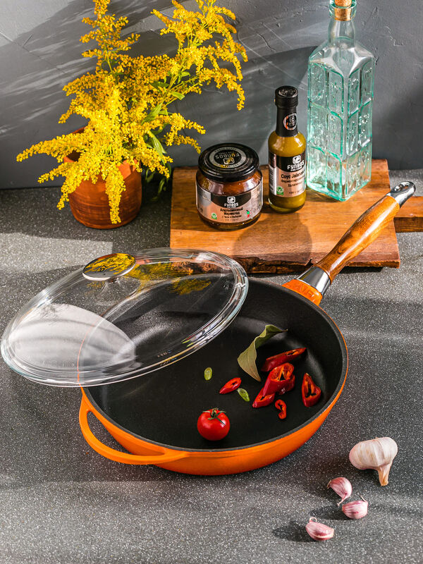 Сковорода с крышкой 28 см, 2,8 л, с деревянной ручкой, чугун, оранжевая, Lava - фото 2